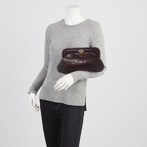 ✨GUCCI✨ OMG!! Exotic Ostrich Clutch w Gold GG Wine - Picture 7 of 8